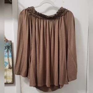 Mittoshop brown tunic top, off-shoulder, ruffle neck. Bell sleeves